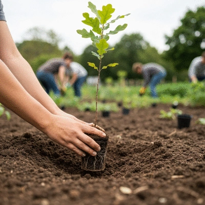 Close-up of hands planting a small tree in a community garden, symbolizing growth and environmental volunteering, with soft natural light