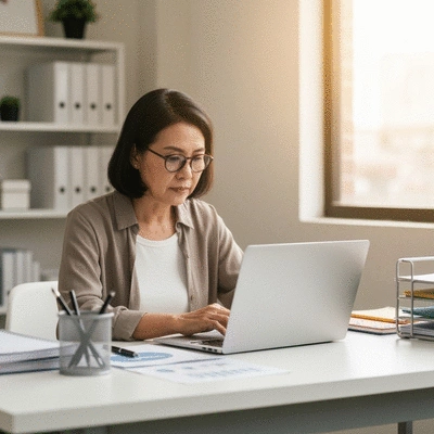 Person researching educational funding options on a laptop, with a clean and bright background