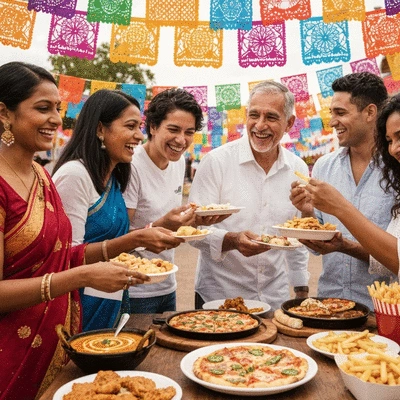 Diverse group of people enjoying a vibrant multicultural food festival, sampling different cuisines, with bright decorations and happy expressions