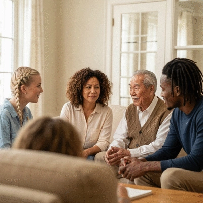 Diverse group of people of different generations sharing stories in a comfortable setting, focus on listening and connection