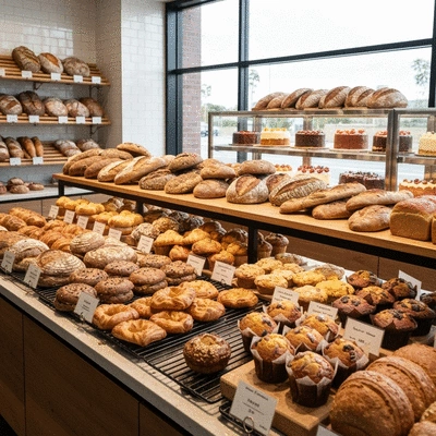 A display of artisanal baked goods in a Wollongong bakery