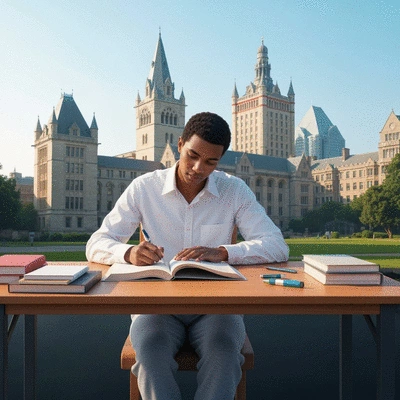 Student studying with university buildings in background, symbolizing career path