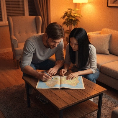Couple planning a weekend getaway on a map