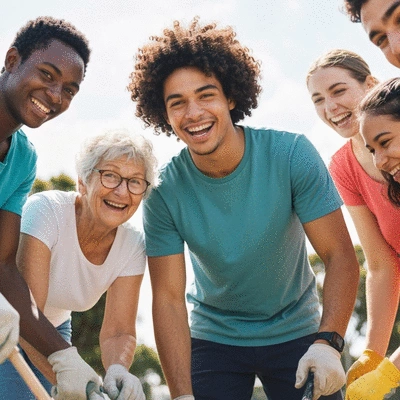 Diverse group of volunteers working together on a community project in Wollongong, smiling and engaged, with natural lighting