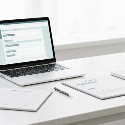 Documents and laptop showing an online application form for university