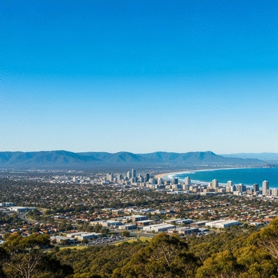 Panoramic cityscape of Wollongong NSW during daytime with ocean and mountains in background