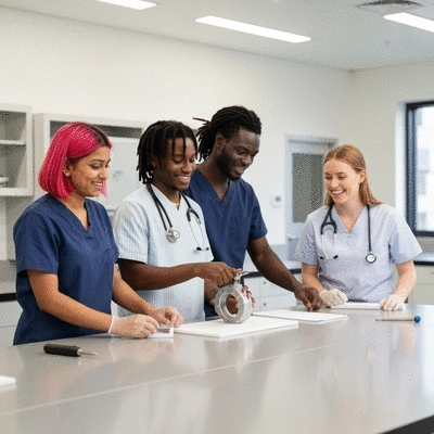Diverse group of VET students collaborating on a practical project in a modern workshop setting, clean image