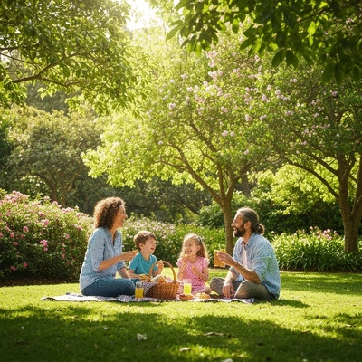 Family having a picnic in a lush park in Wollongong, laughing and enjoying food