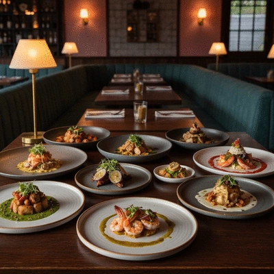 Diverse culinary dishes on a table in a vibrant restaurant setting in Wollongong
