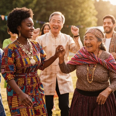 Diverse group of people from different cultures celebrating together with music, dance, and traditional attire, showcasing unity and joy