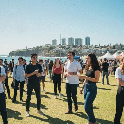 Students enjoying a vibrant outdoor festival in Wollongong, with diverse groups of young adults laughing and engaging in activities, bright sunny day, coastal city in background, no text, no words, no typography, clean image
