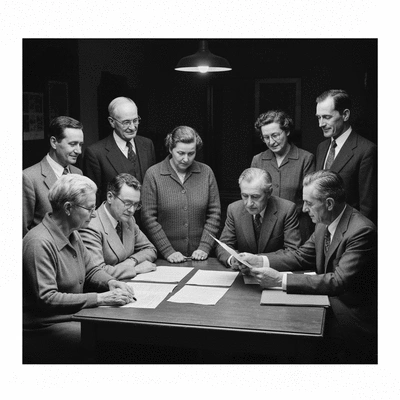 Old photo of Wollongong community members looking at historical documents, black and white, nostalgic feel