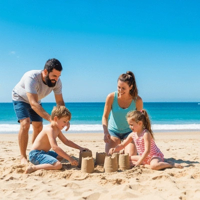 Family enjoying a sunny day at North Wollongong Beach, building sandcastles