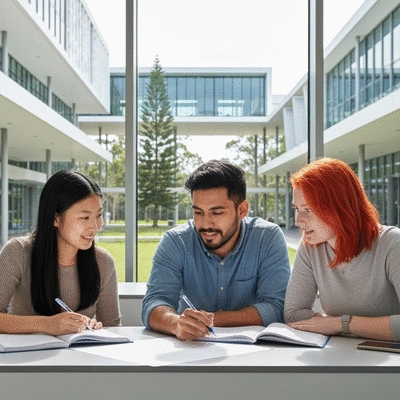 Students studying together on a university campus in Wollongong, Australia