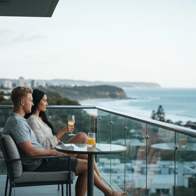 Couple relaxing on a balcony overlooking Wollongong coastline
