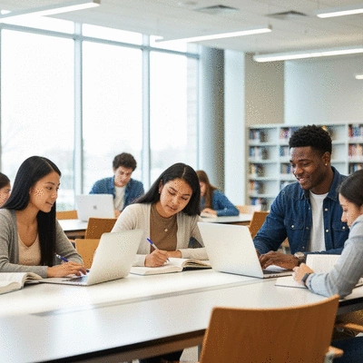 Diverse group of students studying and collaborating in a modern university library, bright natural light, laptops and books on tables, focus on teamwork and academic environment, no text, no words, no typography, clean image