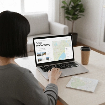 Person using a laptop to plan a trip to Wollongong, with travel guides and a map on the table