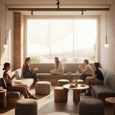 Cozy cafe interior in Wollongong with warm lighting and people chatting